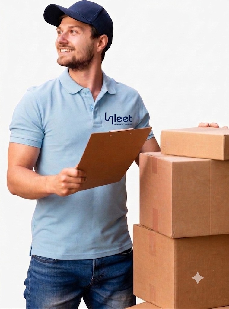Sleet delivery driver holding a clipboard next to packages ready for goods delivery